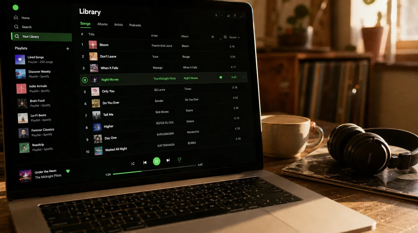 A laptop on a wooden desk showing a music streaming app library with multiple tracks listed in dark mode with neon green accents, beside a coffee cup and headphones in golden hour light