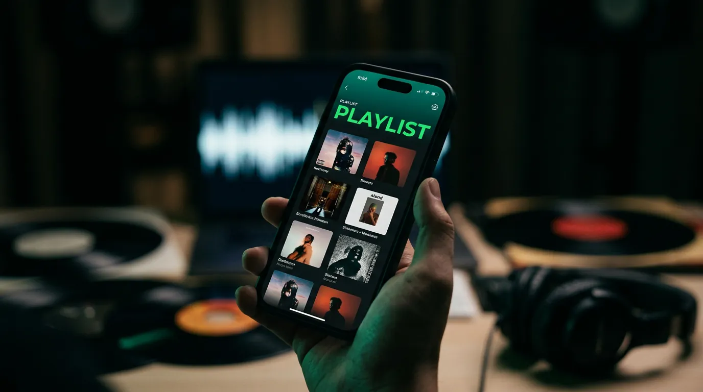 Smartphone showing a Spotify-style music app with a glowing playlist on a dark home studio desk at night, neon green accents