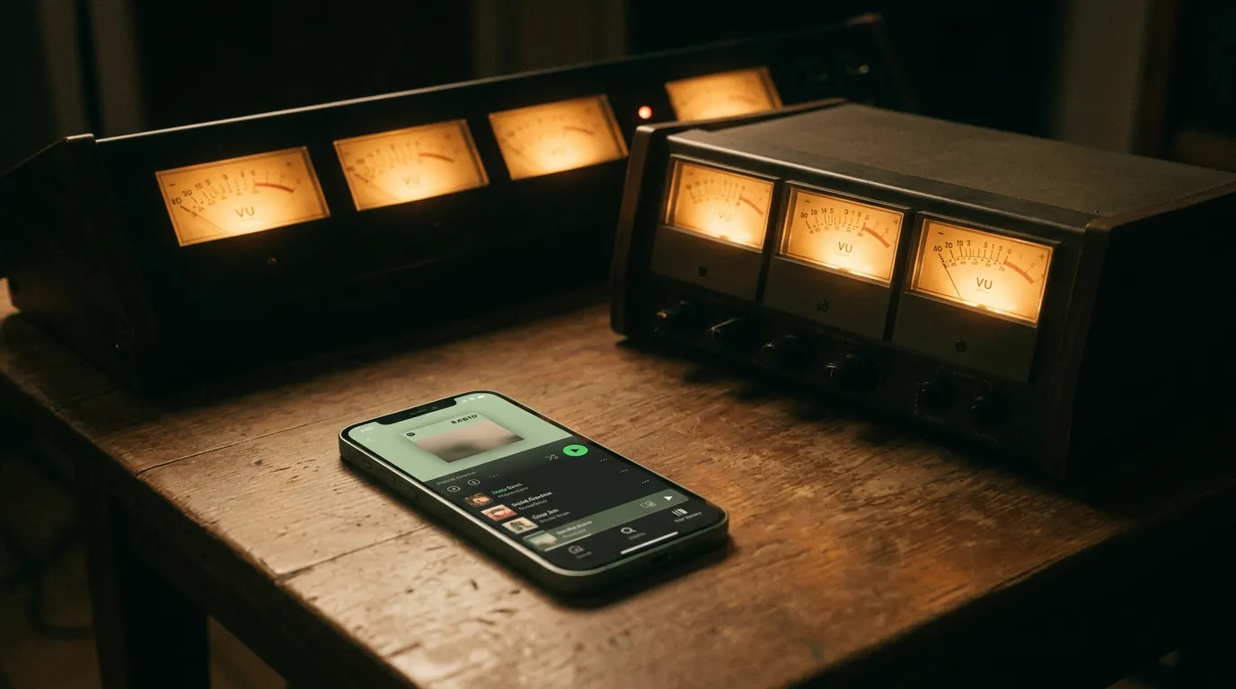 Vintage analog synthesizer beside a phone showing a digital playlist, analog and digital side by side in warm light