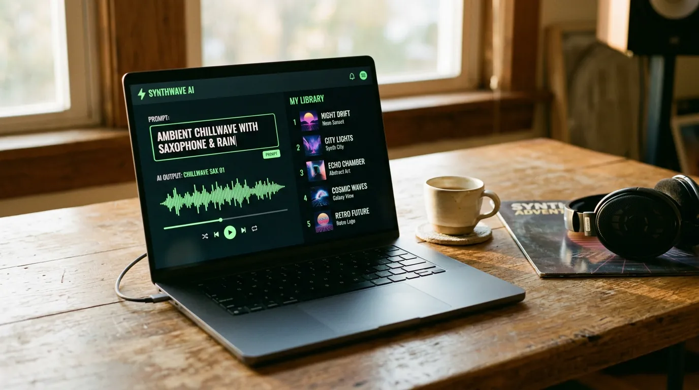 Laptop showing an AI music generation app beside a phone playing a Spotify playlist, golden-hour studio desk
