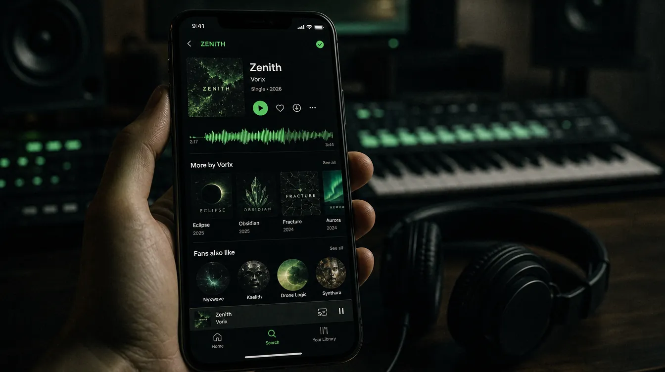 Smartphone showing a music production track view in a dark home studio at night, neon green accents, glowing screen