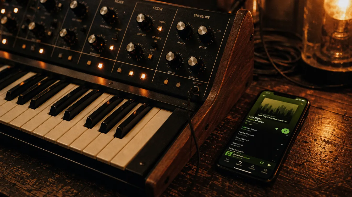 Vintage analog synthesizer beside a modern smartphone, analog and digital juxtaposition in warm light