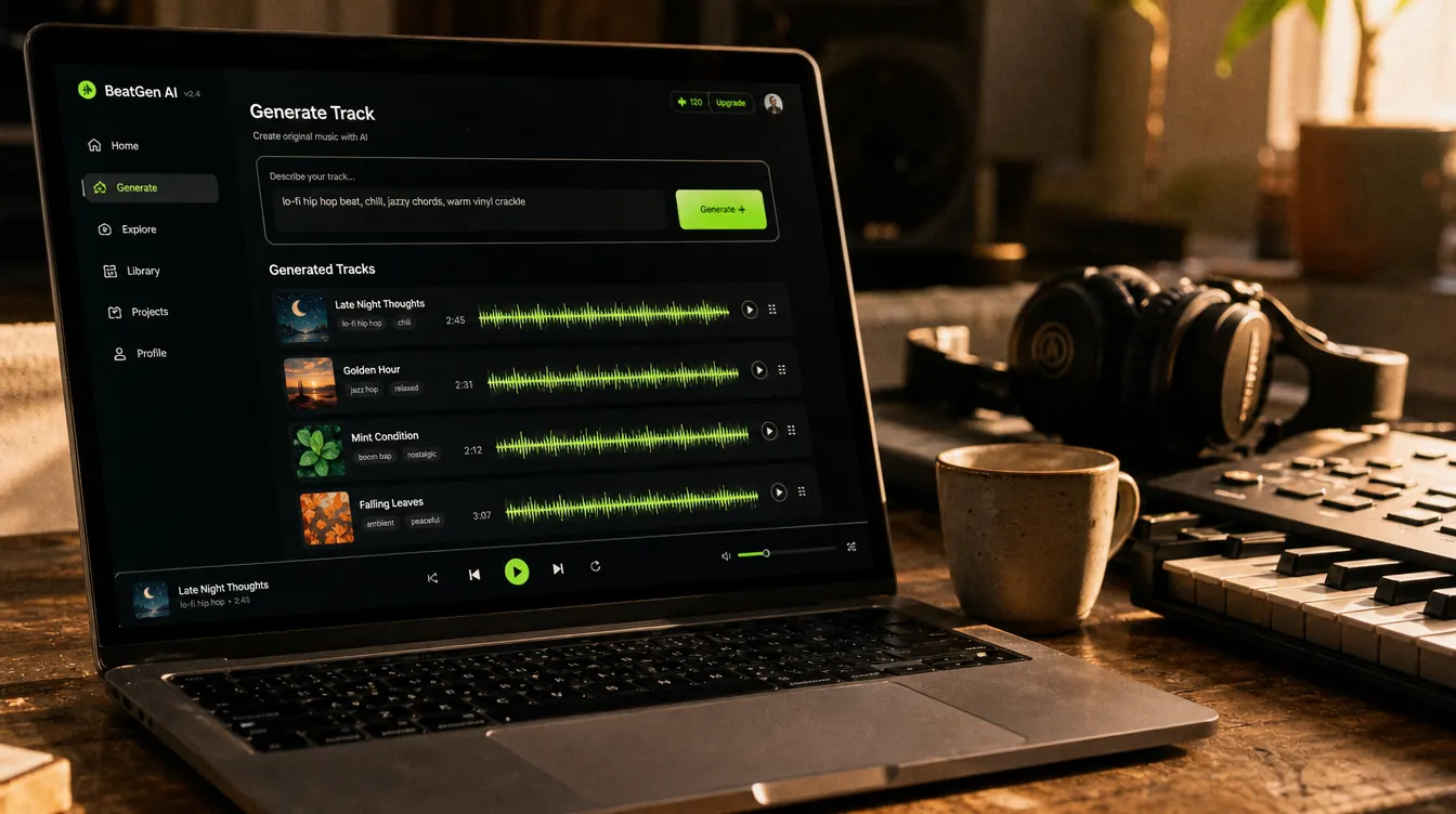 Laptop showing an AI music generation app on a golden-hour desk with a MIDI controller, warm editorial atmosphere