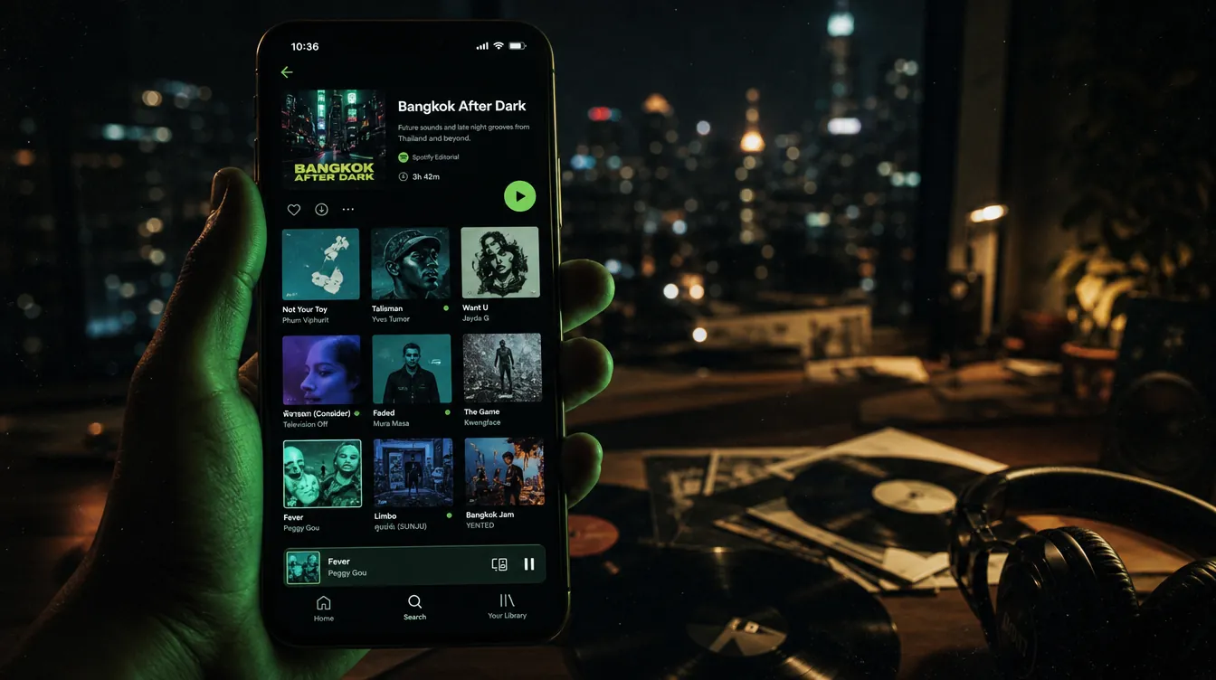 A hand holding a modern smartphone displaying a music streaming app with a playlist of album covers in dark mode, warm Bangkok city lights bokeh in the background