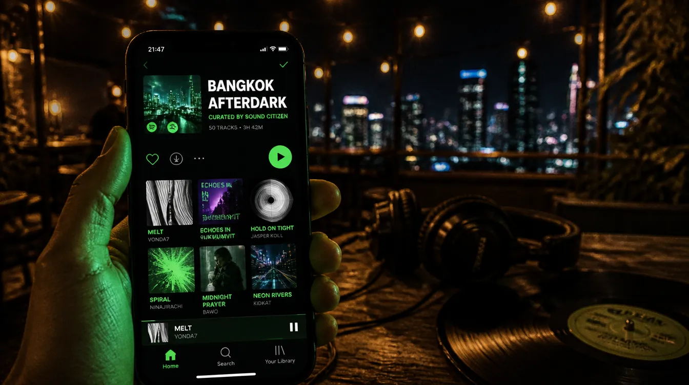 Smartphone displaying a Spotify playlist interface in dark mode with neon green accents, held against a moody Bangkok night backdrop with vinyl records in soft focus