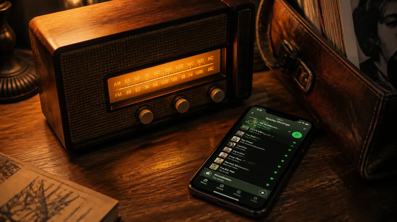 Vintage wooden tube radio with warm amber dial glow sitting beside a modern smartphone showing a Spotify playlist, warm editorial atmosphere