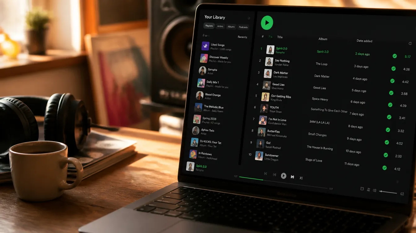 Laptop on a golden-hour desk showing a music streaming app library in dark mode with neon green accents, headphones and vinyl record in soft focus