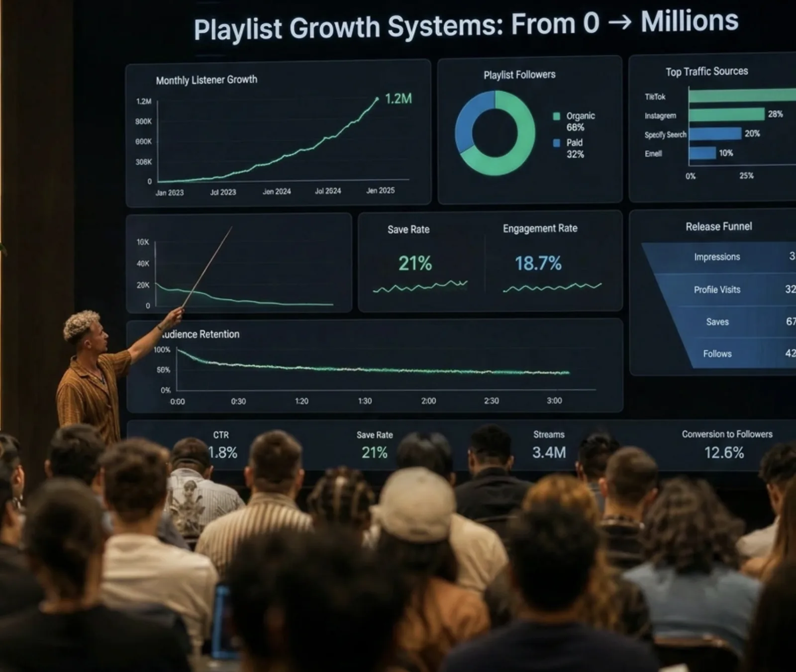 A masterclass instructor on stage in front of a large audience, pointing at a wall-sized dashboard titled 'Playlist Growth Systems: From 0 to Millions' — showing monthly listener growth from 0 to 1.2M, save rate 21%, engagement rate 18.7%, audience retention chart, release funnel, top traffic sources, CTR 1.8%, streams 3.4M, conversion to followers 12.6%