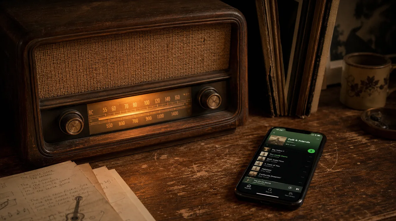 A vintage 1950s wooden tube radio with warm amber dial glow beside a modern smartphone showing a Spotify playlist interface with sage green accents, both glowing softly in a dimly lit warm wood-grained room