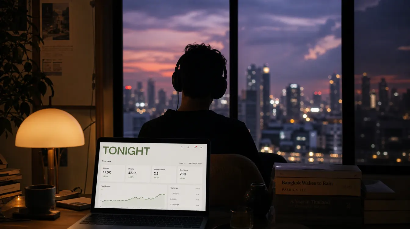 Editorial photograph of a silhouetted person at a Bangkok apartment window at dusk, headphones on, laptop showing music dashboard on the desk