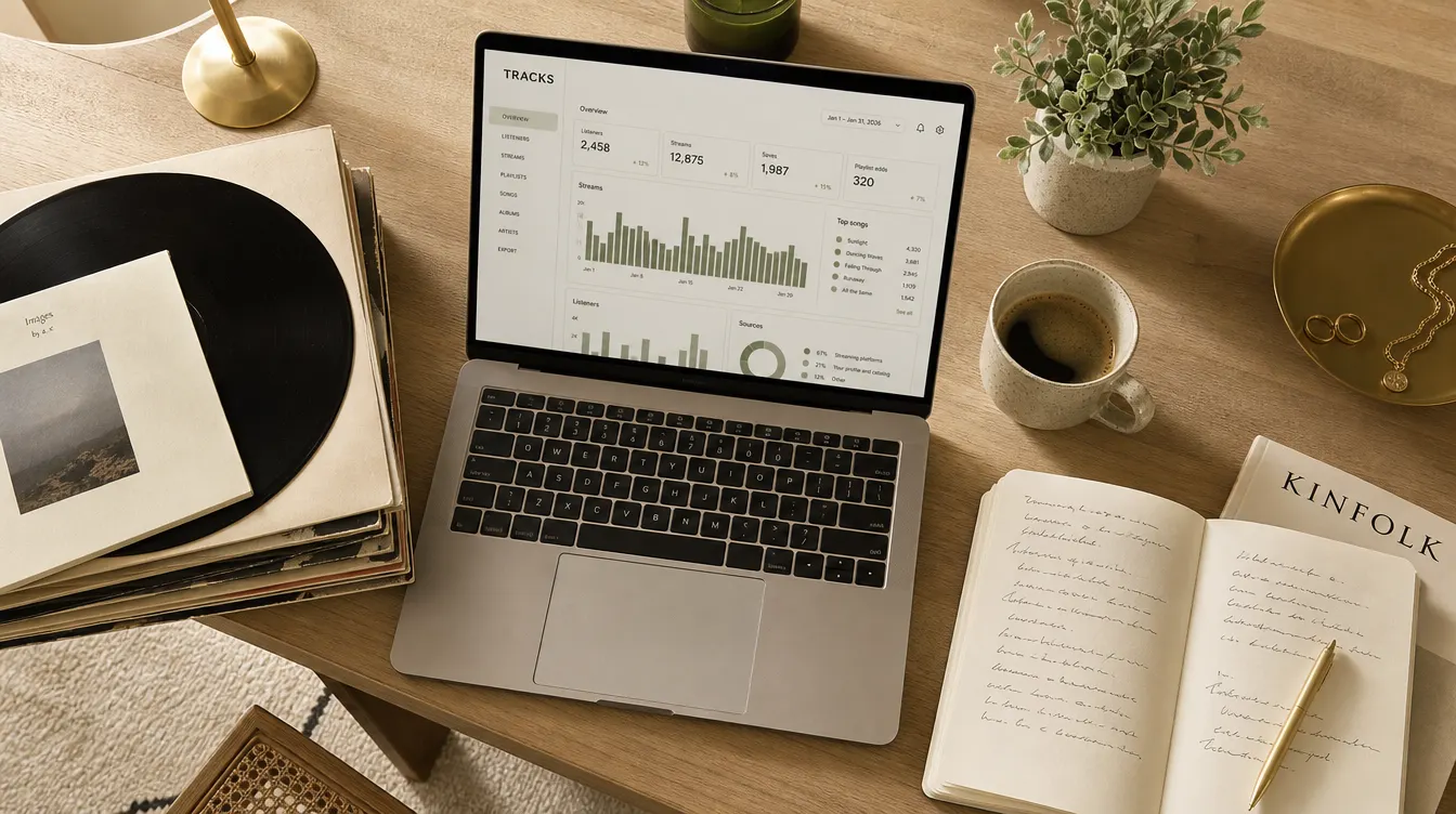 Editorial overhead flat-lay photograph of a wooden desk with laptop, vinyl records, notebook, coffee cup, and a small plant in warm afternoon light