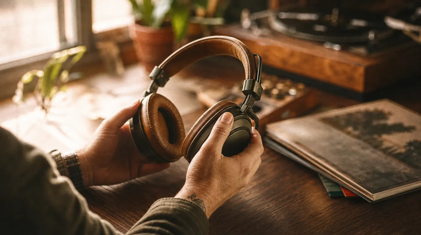 Close-up editorial photograph of hands adjusting vintage over-ear headphones in warm golden hour light