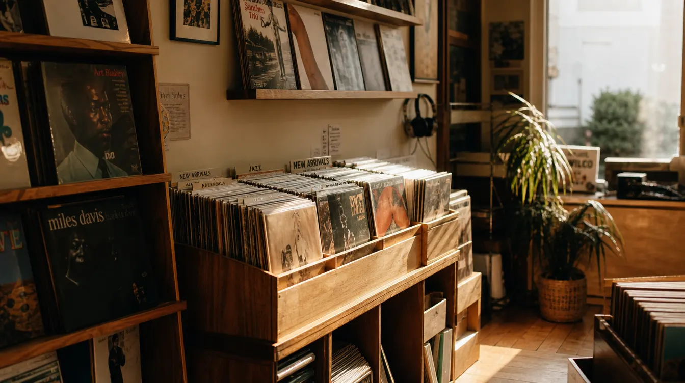 Editorial photograph of an atmospheric independent record shop interior with curated vinyl on warm wooden shelves