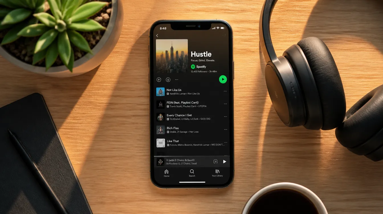 Smartphone showing a growing Spotify playlist with follower count climbing, warm golden-hour desk with headphones