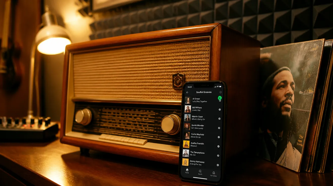 Vintage radio beside a modern phone showing a curated playlist, cozy studio setting