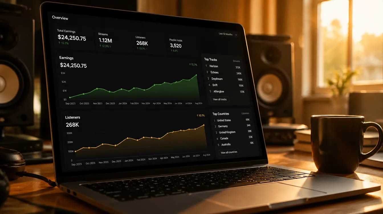 Laptop displaying streaming dashboard with earnings graphs in dark mode, golden afternoon desk